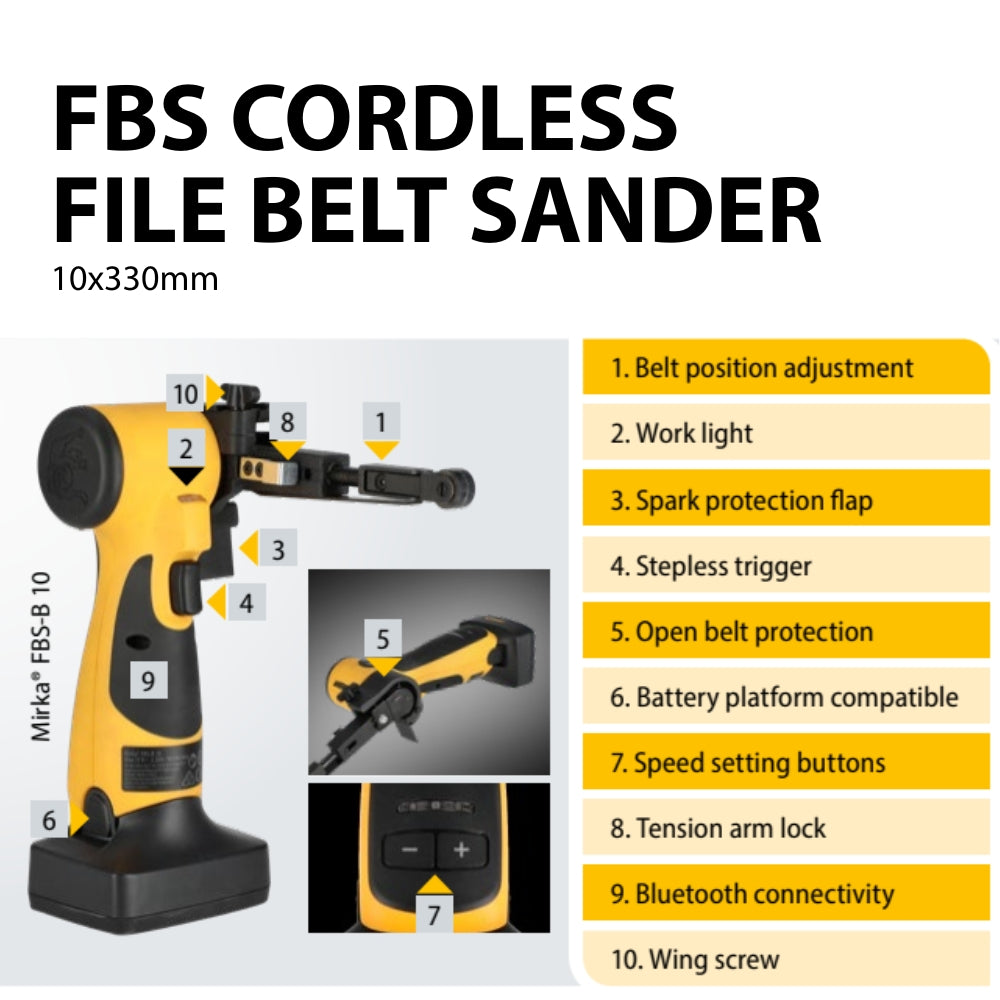 Mirka FBS Cordless File Belt Complete Kit 10x330mm with 5.0AH Batteries