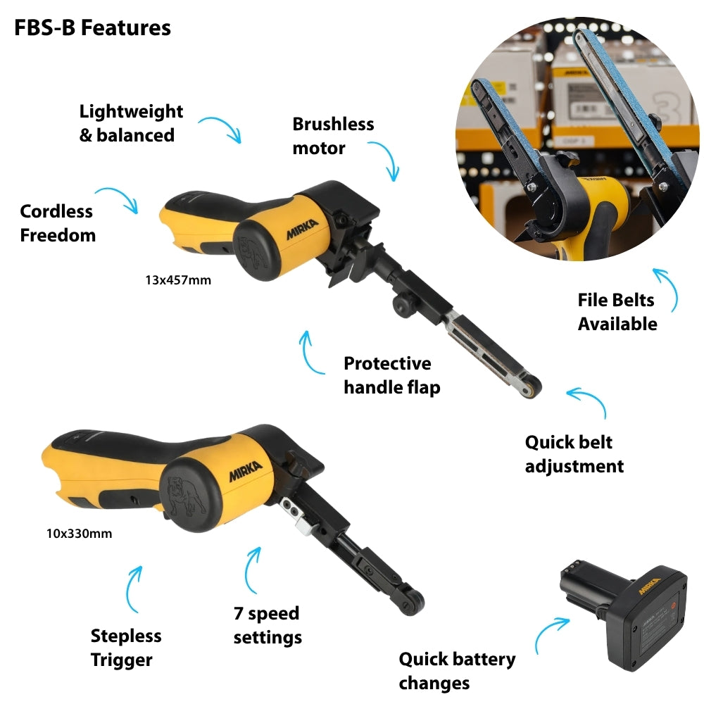Mirka FBS Cordless File Belt Complete Kit 10x330mm with 5.0AH Batteries
